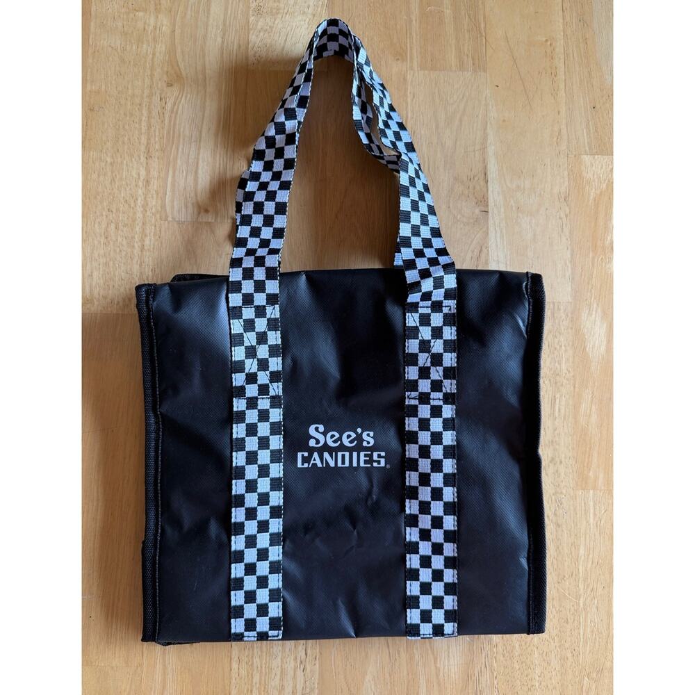 See’s Candy Black Soft Sided Reusable Cooler Zippered Tote Bag/Handle NEW - Picture 2 of 12